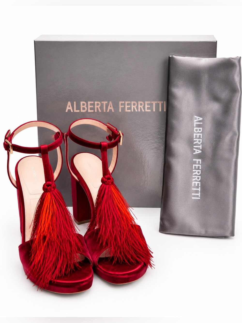 Alberta Ferretti Red Velvet Tassel Heels Sandals 40 Made Italy Luxury Designer - Picture 2 of 4